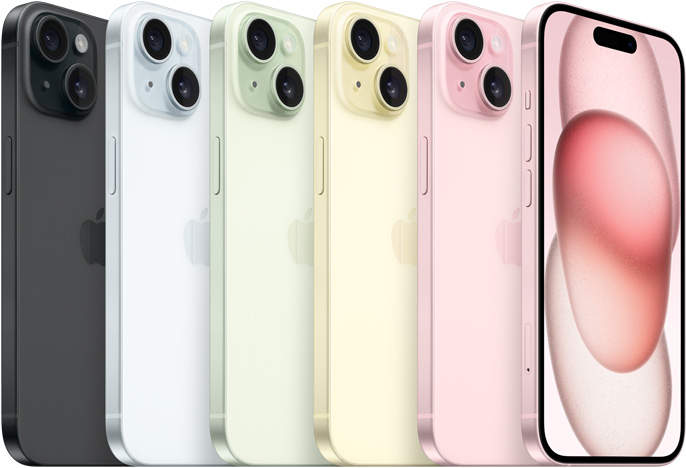 Вид ззаду на iPhone 15 у 5 кольорах — чорний, блакитний, зелений, жовтий і рожевий, а також вид спереду на iPhone 15 у рожевому кольорі