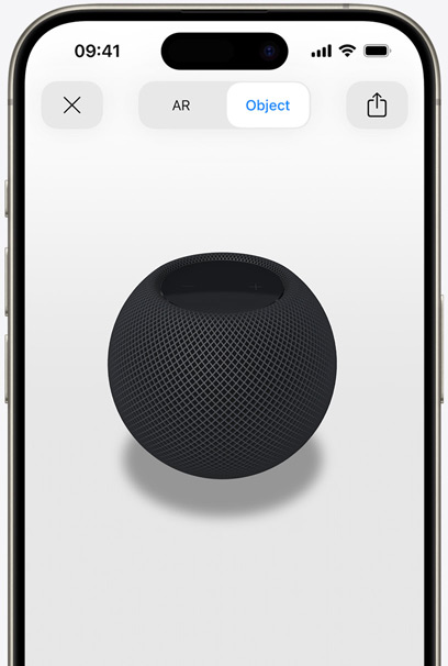Space Grey HomePod on the screen of an iPhone in AR view.