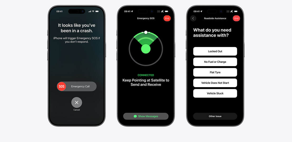 Side-by-side, iPhone screen showing Messages, Find My, Roadside Assistance widgets available via Satellite, iPhone screen showing Emergency SOS in use, iPhone screen showing Roadside Assistance in use