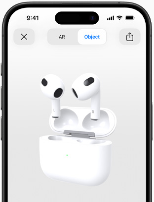 AirPods (3e generatie) in augmented reality op een iPhone.