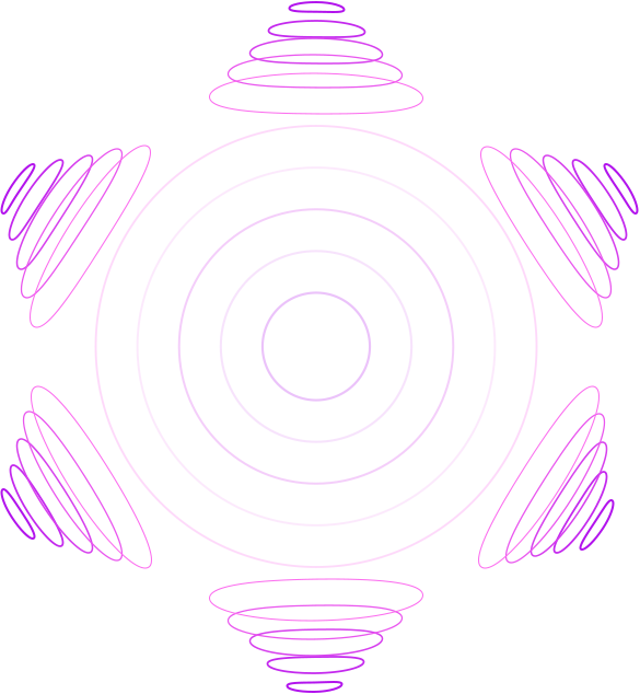 Gelombang suara ungu membentuk lingkaran yang mengelilingi headline.
