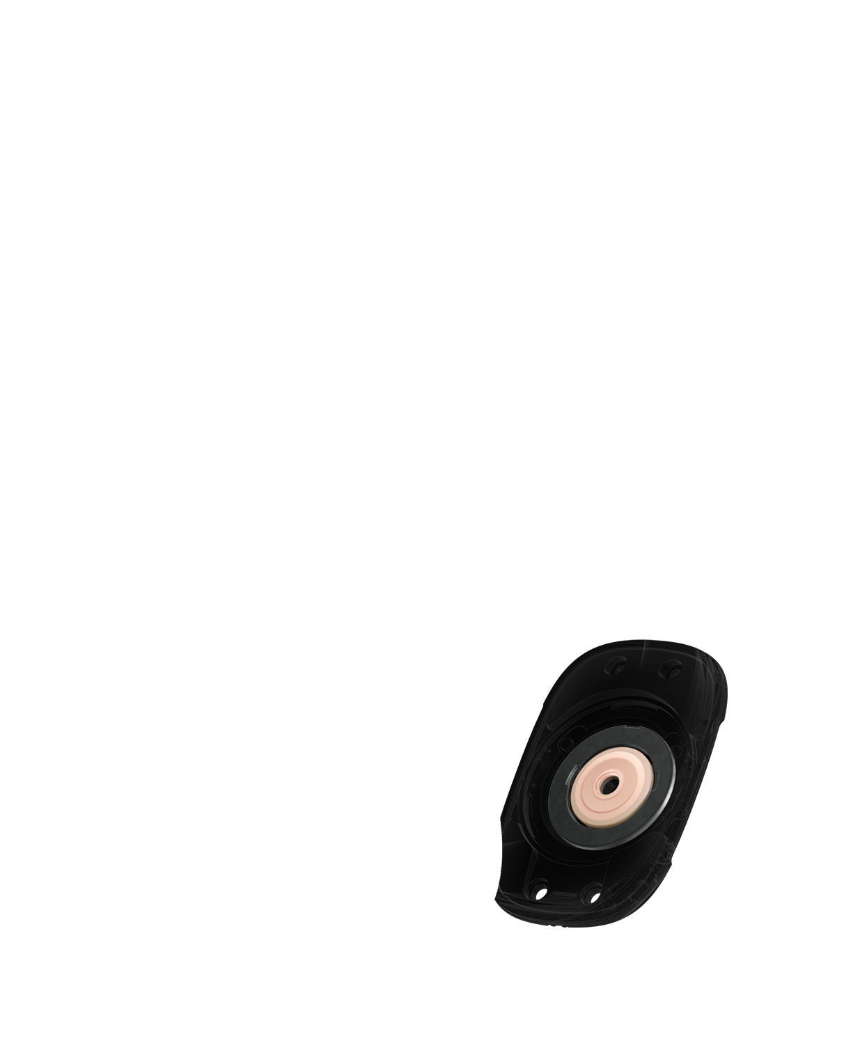 Зображення драйвера навушників ізсередини з кільцевим магнітом, який мінімізує спотворення.