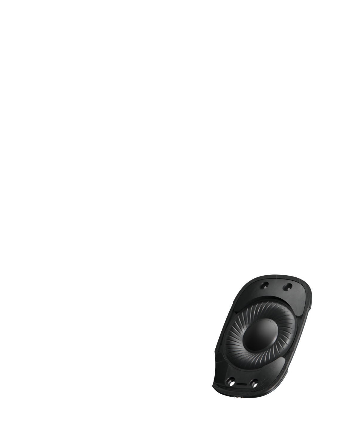 Vue aux rayons X de l’intérieur des AirPods Max, mettant en évidence le grand haut-parleur placé au centre de la coque d’écouteur, qui produit un son de qualité supérieure.