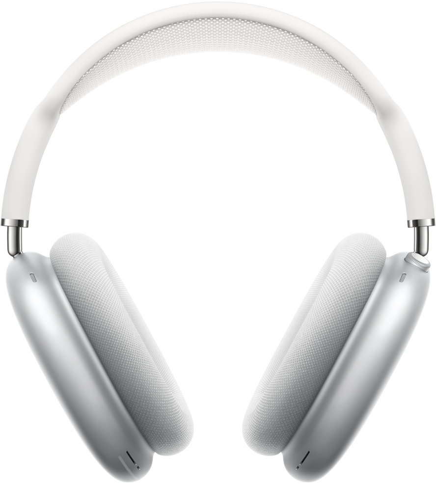 Prednja strana slušalica AirPods Max u srebrnoj boji, dvije srebrne slušalice s usklađenim jastucima od sive mrežaste tkanine, povezane bijelim silikonskim obručem koji na gornjem dijelu sadrži mrežastu tkaninu.