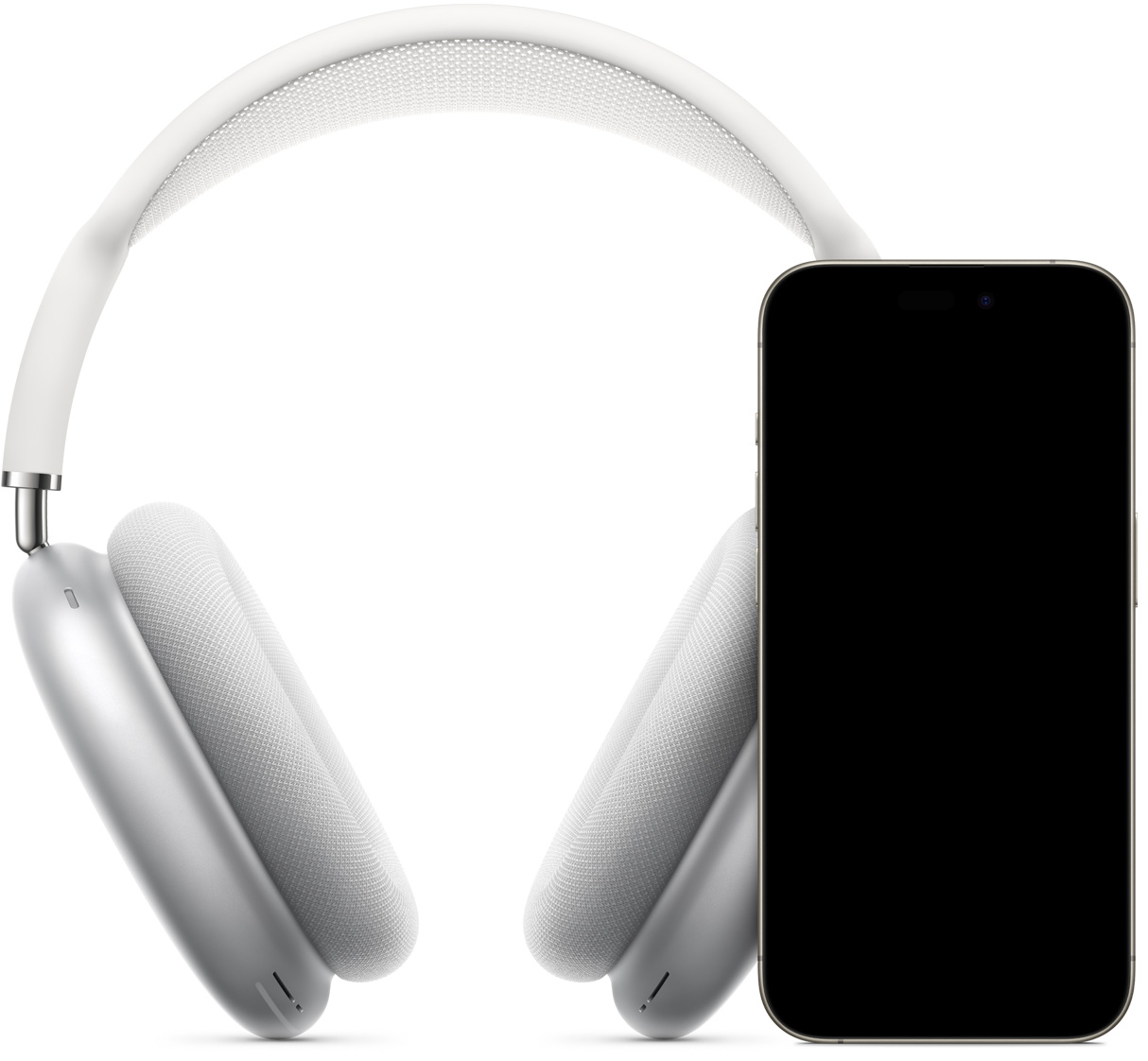 Imagen de unos AirPods Max en plata colocados detrás de un iPhone que muestra la pantalla de configuración instantánea con el botón para enlazar ambos dispositivos.