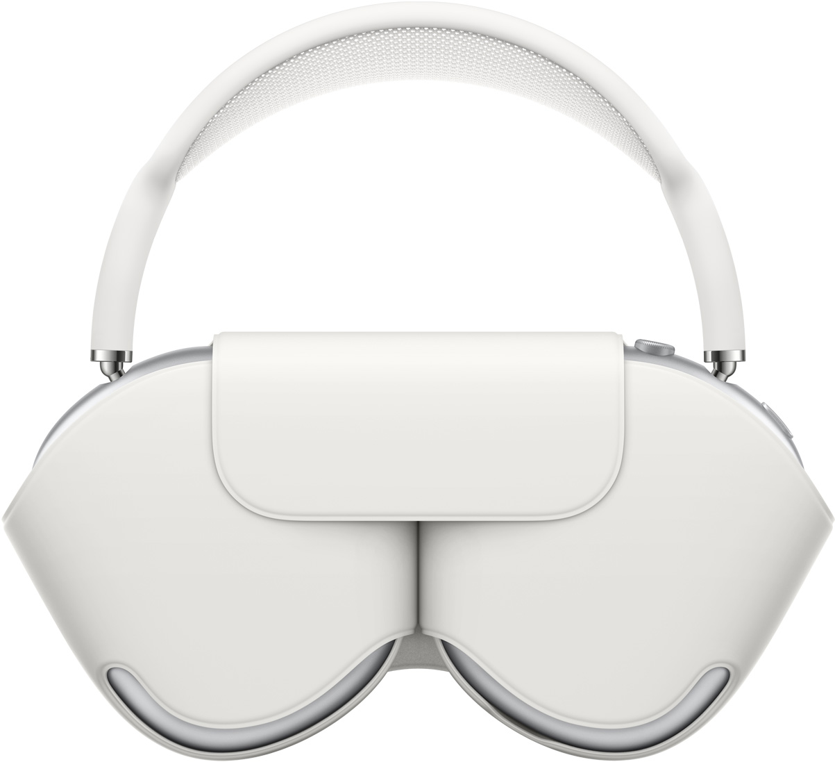 AirPods Max in Silber mit farblich passendem weißen Smart Case, das die Hörmuscheln schützt. Der Kopfbügel der verstauten AirPods Max ragt über das Case hinaus.