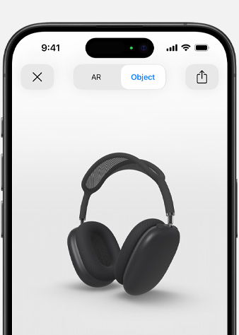 A képen egy asztroszürke AirPods Max látható kiterjesztett valóságban egy iPhone kijelzőjén.