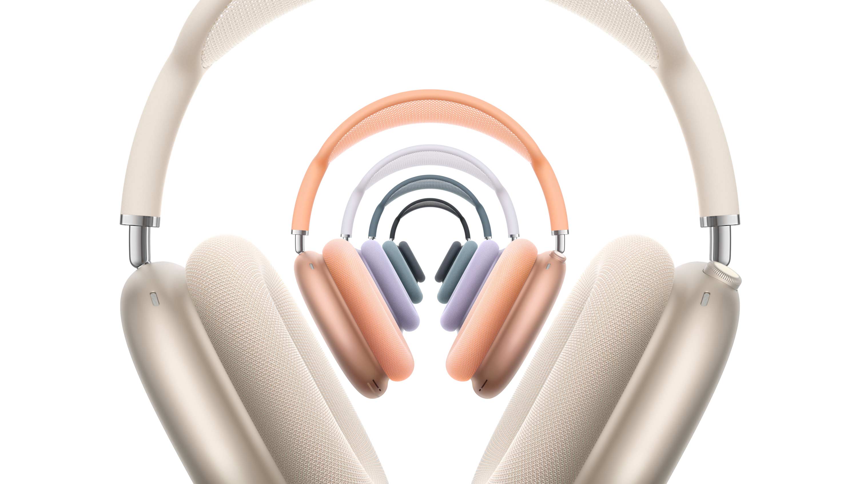 Different coloured AirPods Max's, — Midnight, Starlight, Blue, Purple and Orange.