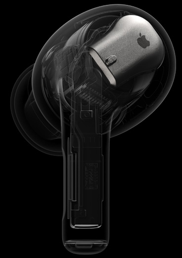 A képen az AirPods Pro átlátszó, belső nézete látható, a fülhallgató végében lévő H2 chippel.