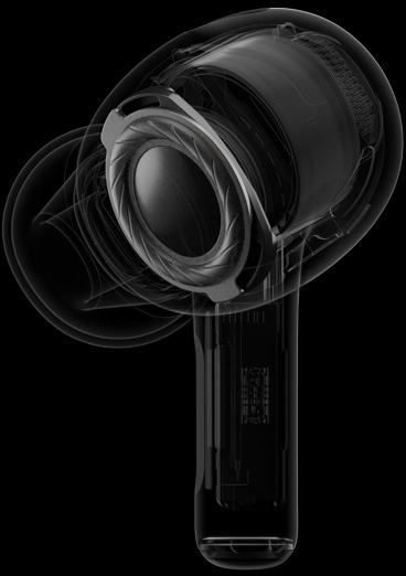 AirPods Pro 內部的 X 光透視圖，重點展示位於耳機揚聲器附近的定製驅動單體和放大器。