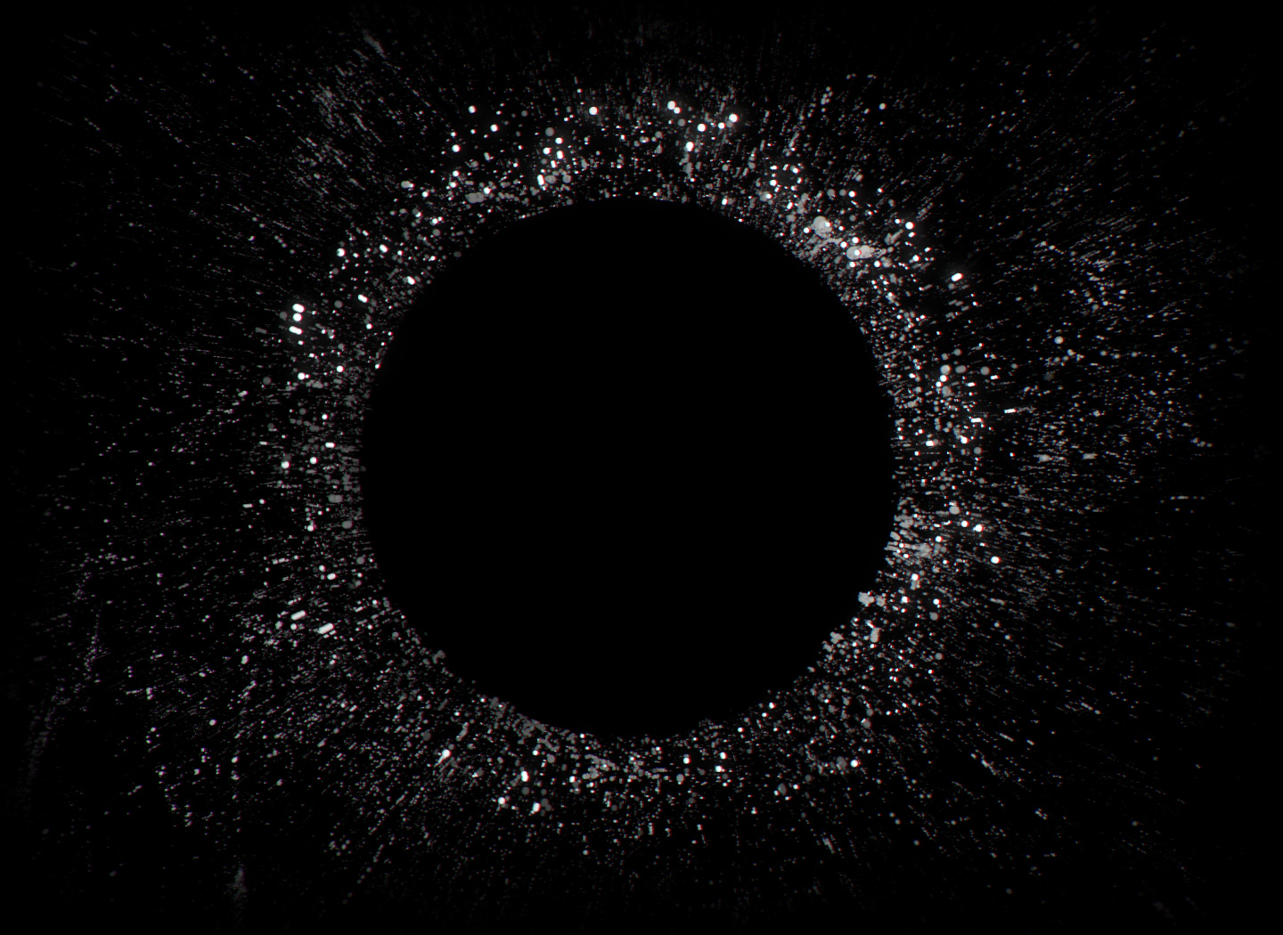 Animatie van rechteroortje in het midden van een cirkel met kleine ruisdeeltjes die worden afgestoten.