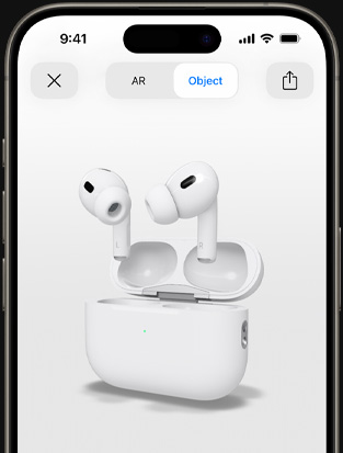 iPhone screen shows augmented reality rendering of AirPods Pro.