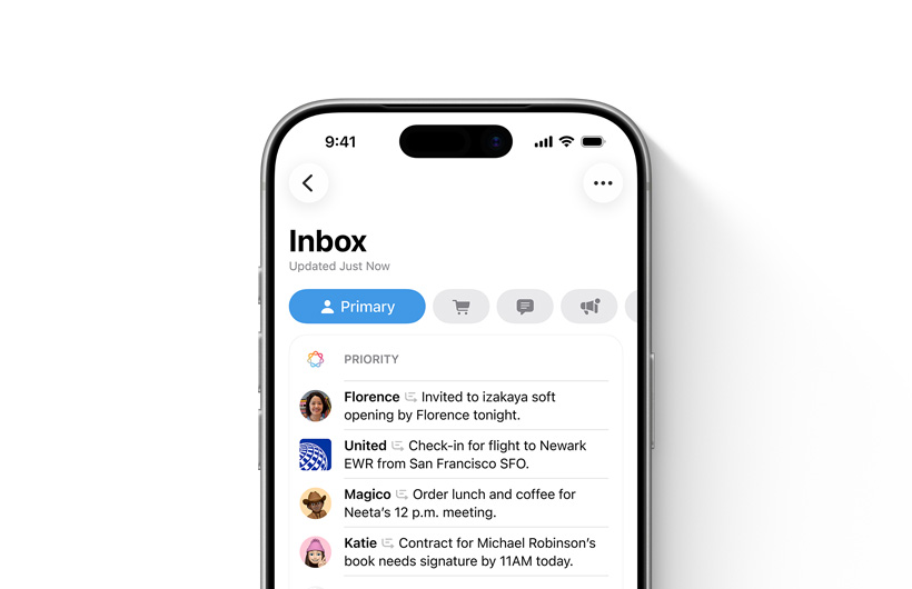 iPhone'da, Mail uygulamasındaki önemli iletilerin en üstte listelendiği gelen kutusu gösteriliyor