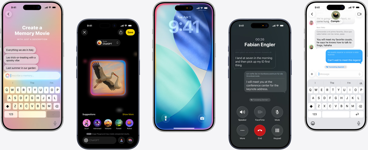 Şu Apple Intelligence özelliklerinin gösterildiği beş iPhone aygıtı: Anı Filmi yaratma, Image Playground’da tasarım oluşturma, çerçevenin iç kısmı parlayan iOS Kilit Ekranı, telefon görüşmesi sırasında canlı çeviri ve Mesajlar’da gerçek zamanlı çeviri.