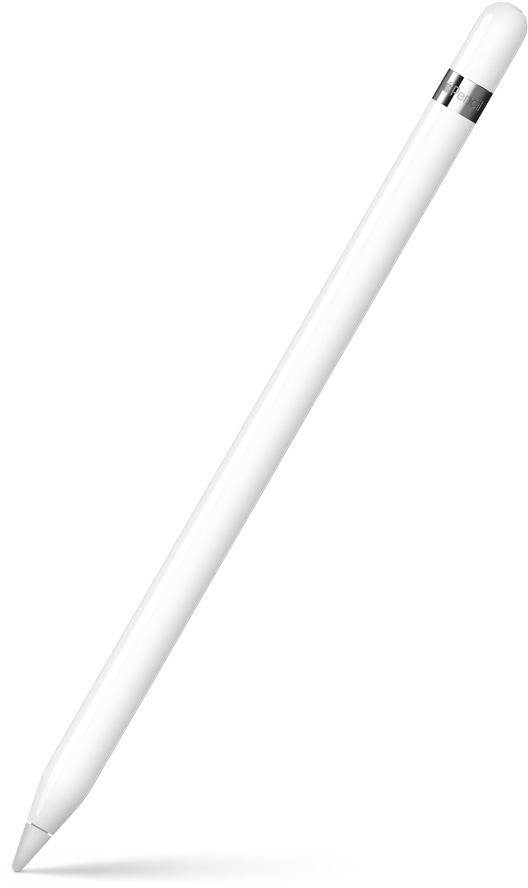 Pohled na nakloněný Apple Pencil 1. generace s hrotem směřujícím dolů. V horní části je vidět stříbrný kroužek s názvem produktu. Dole je vidět stín.
