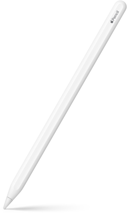 Pohled na nakloněný Apple Pencil 2. generace s hrotem směřujícím dolů. Vršek Apple Pencilu 2. generace je zaoblený a je na něm vidět logo Apple a název produktu. Dole je vidět stín.