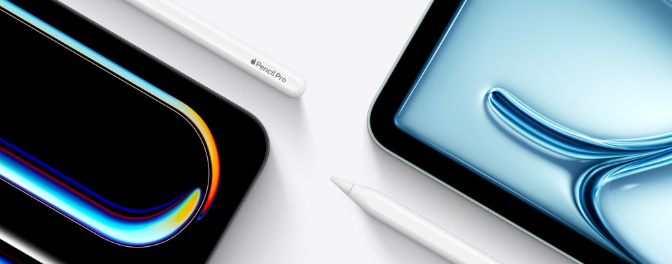 Az iPad Pro jobb felső sarka, mellette az Apple Pencil Pro teteje. Az iPad Air bal felső sarka, mellette az USB-C-s Apple Pencil hegye.