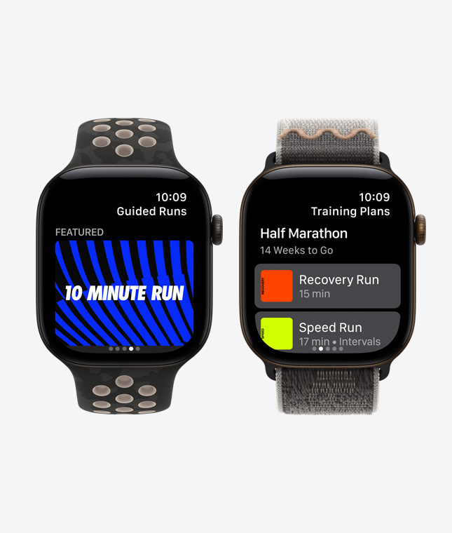 Apple Watch Series 12 devices, aluminum cases, black colour, screens: Nike Run Club app, Guided Runs, Training Plans features, bands: Nike Sport Band, after dark black colour, Nike Sport Loop, after dark black colour