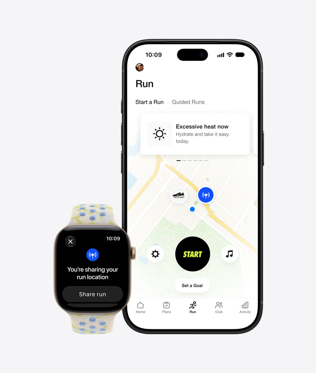 Apple Watch Series 12, aluminum case, light gold colour, Nike Sport Loop band, pavement grey colour (dark grey with medium grey woven pattern and red detail) location sharing screen, iPhone 18 Pro, Nike Run Club app maps outdoor run