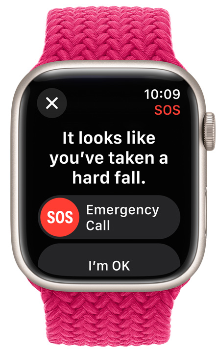 Een vooraanzicht van een Apple Watch waarop SOS-noodmelding is geactiveerd.