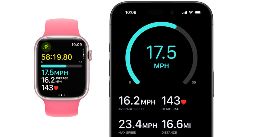 Widok z przodu na Apple Watch i iPhone’a. Widok osoby, która włączyła trening na zegarku, po czym aktywność ta pojawiła się na iPhonie.