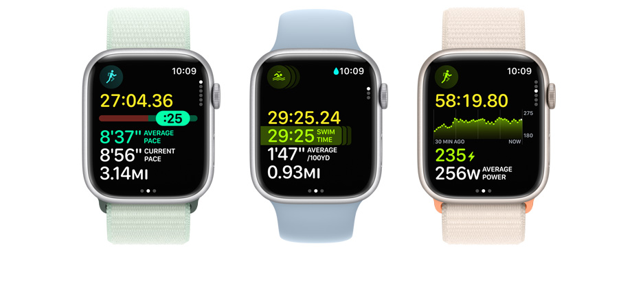 Poză cu trei dispozitive Apple Watch. Fiecare afișează măsurători și vizualizări de exerciții diferite.