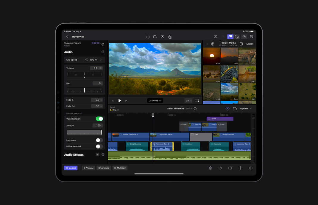 Ajustement de l’audio pour éliminer le bruit de fond dans Final Cut Pro pour iPad sur un iPad Pro.
