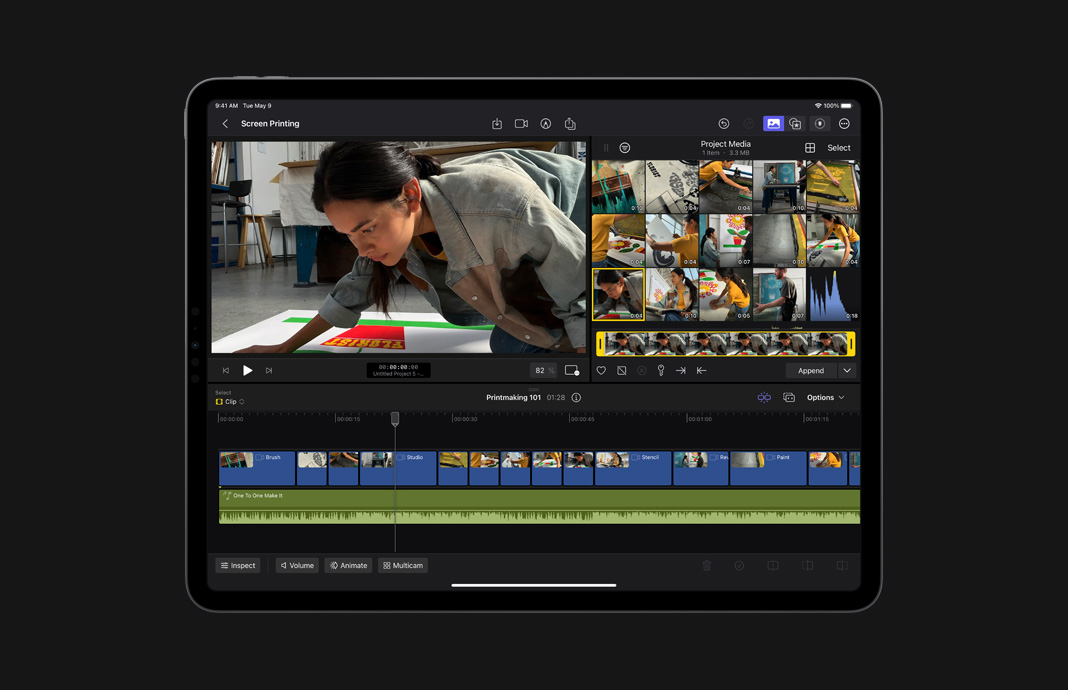 Séquences montrant une artiste, enregistrées directement dans le navigateur de Final Cut Pro pour iPad sur un iPad Pro.