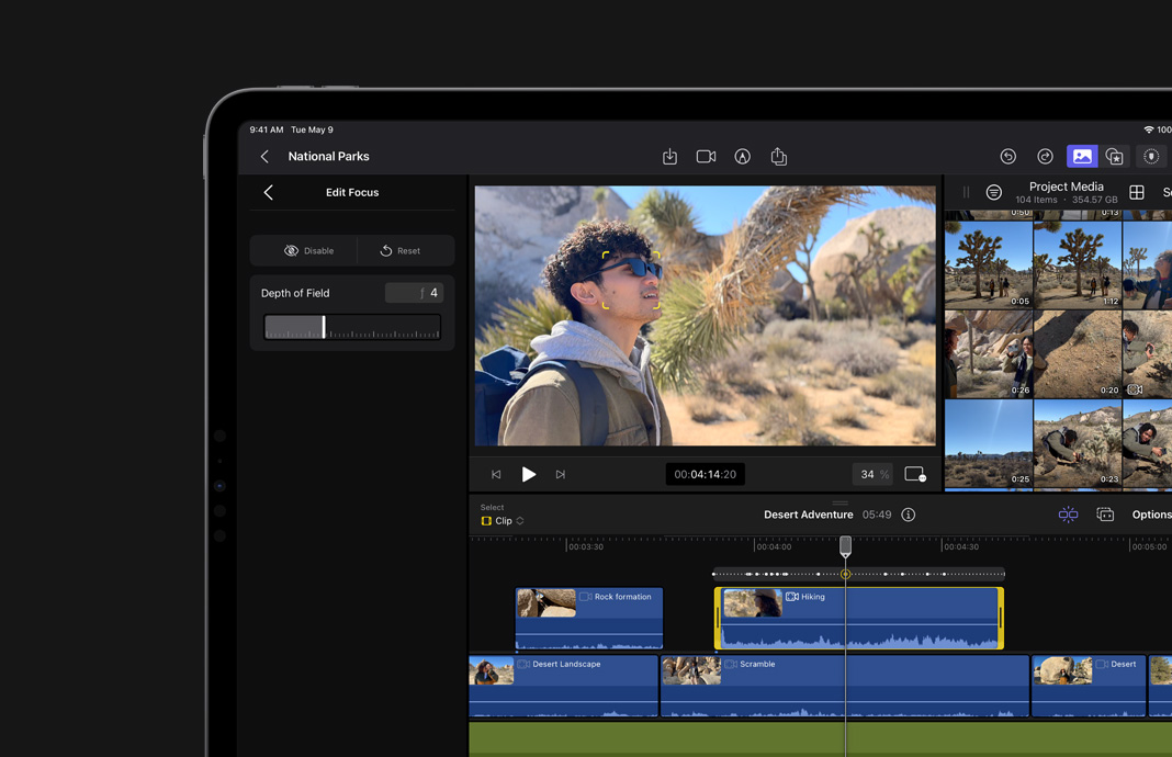 Edição no Final Cut Pro para iPad de um vídeo gravado no modo Cinema no iPhone que mostra um jovem em primeiro plano.