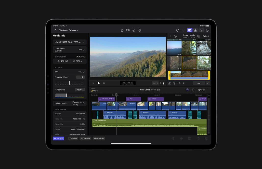 在 iPad Pro 的 iPad 版 Final Cut Pro，ProRes Raw 片段的媒體資訊畫面，展示影像的資料。