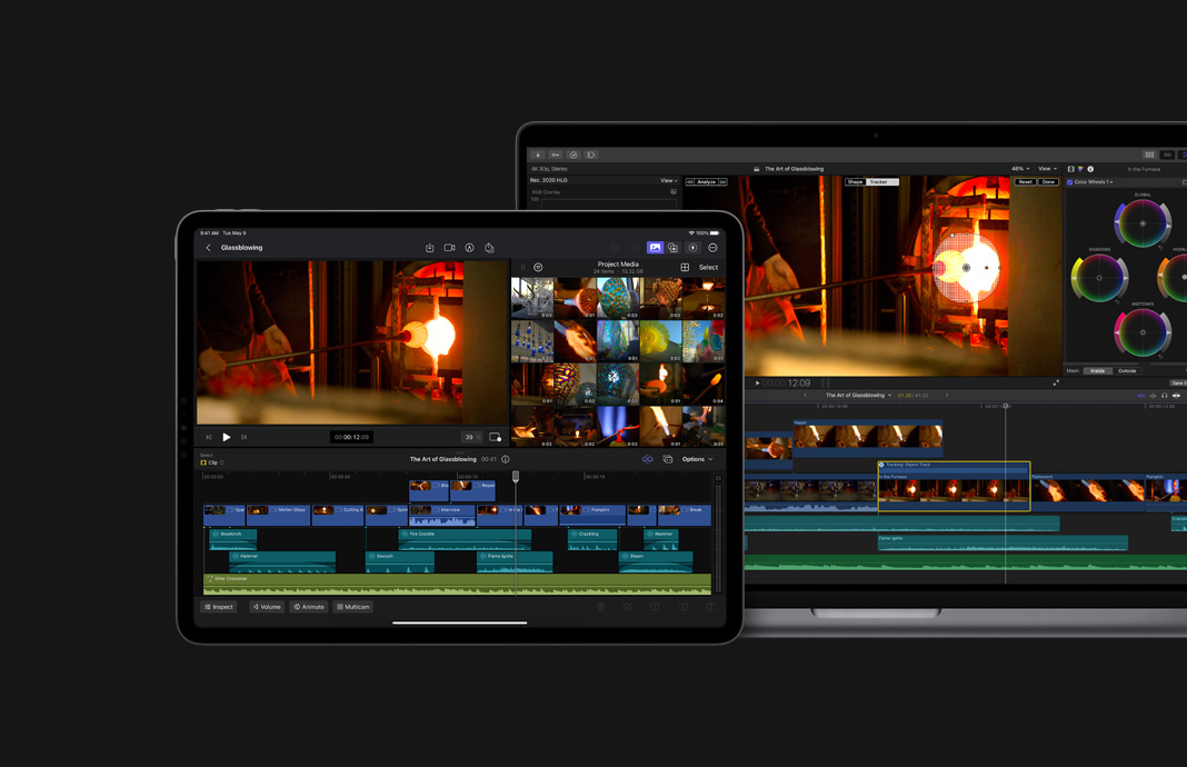 Footage of glass-blowing shown on side-by-side iPad Pro and Mac. Apple Pencil with the title screen for a film in Final Cut Pro for iPad next to MacBook Pro with the same film being edited in Final Cut Pro.
