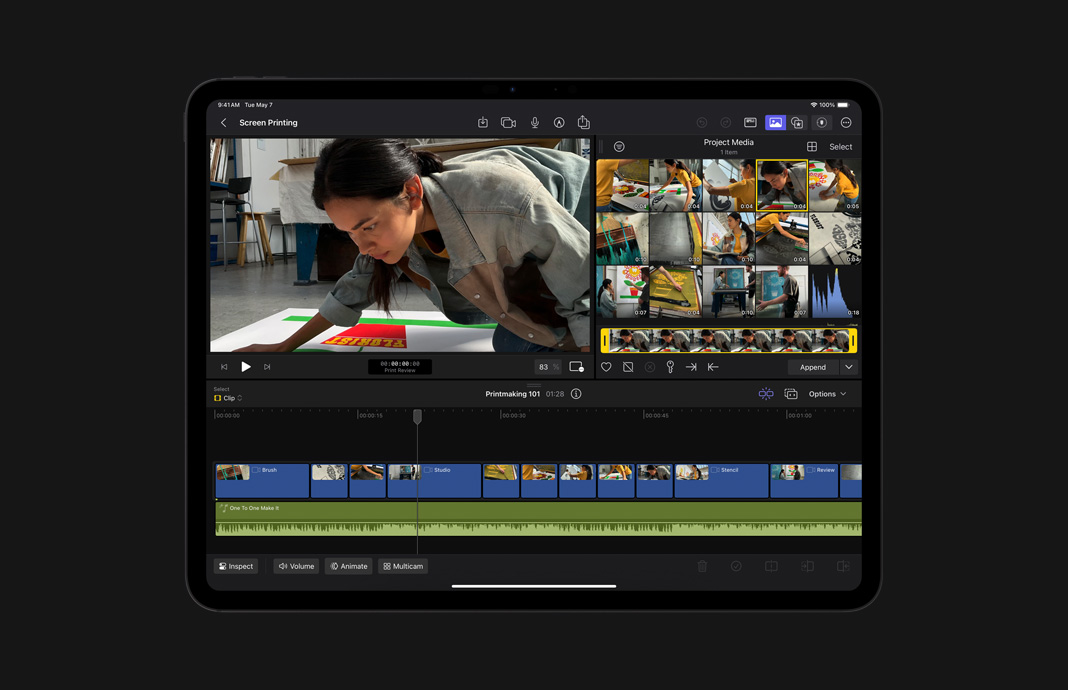 iPad Pro 上的 iPad 版 Final Cut Pro 瀏覽器儲存了女性藝術家的影片素材。