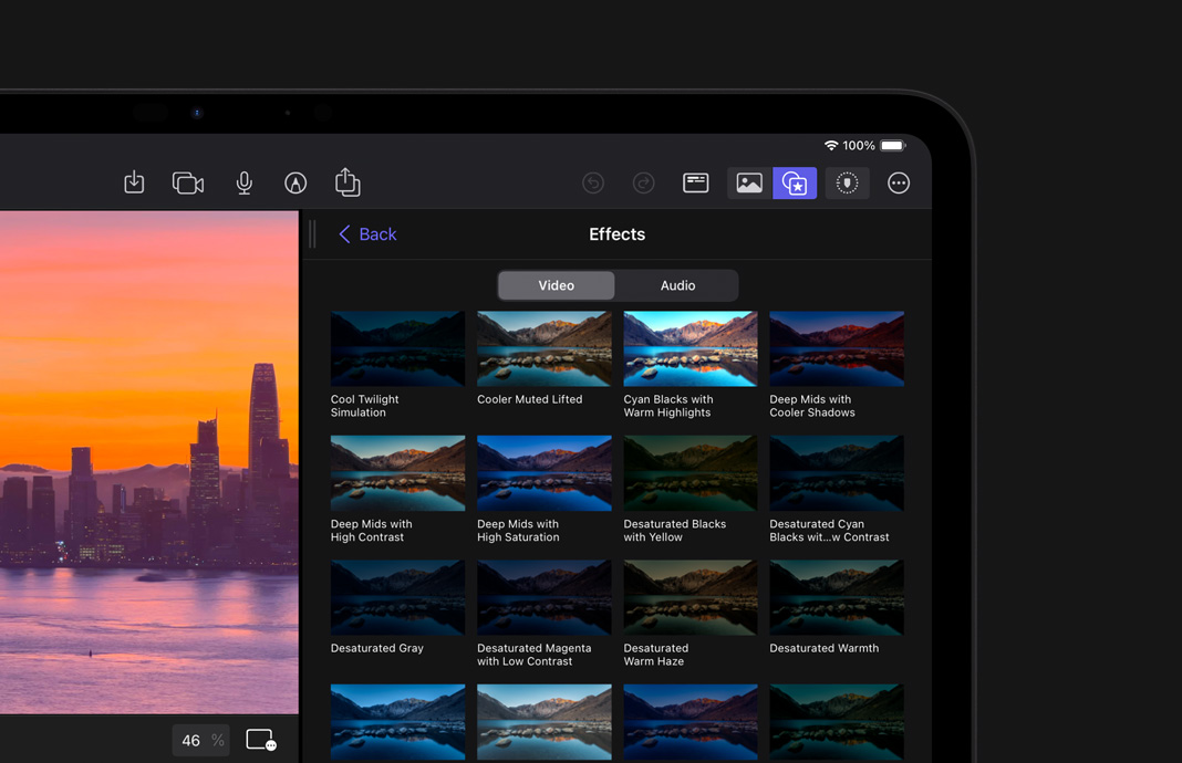 iPad Pro 上的 iPad 版 Final Cut Pro 展示縮覽圖，顯示自然景觀影片素材套用各種視覺效果的樣貌。