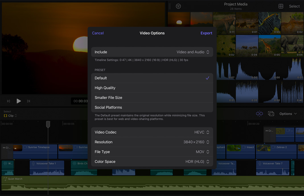 iPad 版 Final Cut Pro 的一個選單上，展示各種預設組，可分享或運算拍攝片段。