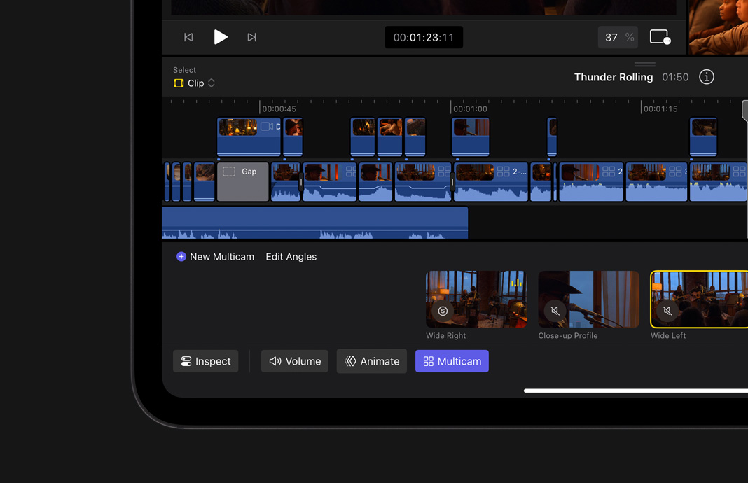 Switching angles in the Magnetic Timeline in Final Cut Pro for iPad on iPad Pro.
