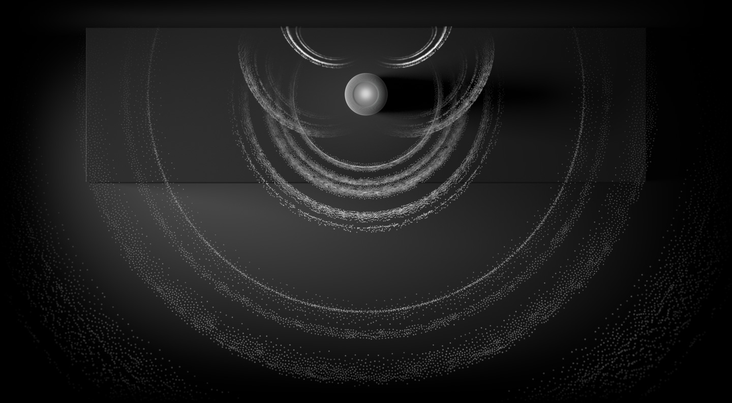 En visualisering av rumsligt ljud, en HomePod sedd ovanifrån med vågor av ljudpartiklar som strömmar ut från den (animation)