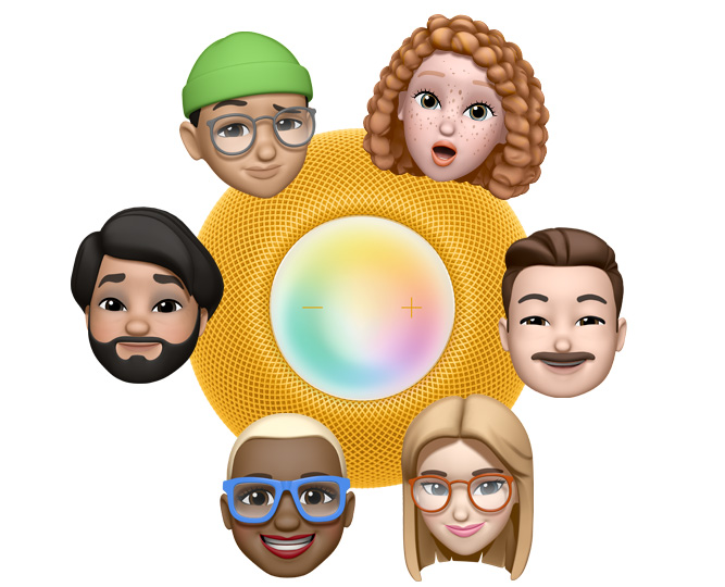 Seks forskellige Memoji-ansigter danner ring om en gul HomePod mini, der ses fra oven. Tre af karaktererne siger “Hej Siri” i blå talebobler.