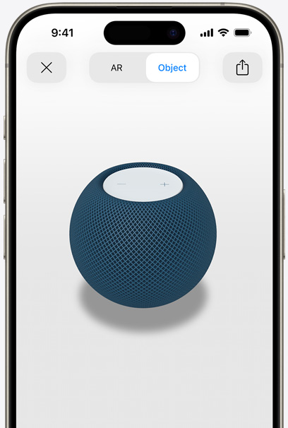 En HomePod i farven blå vises i AR på en iPhone-skærm.