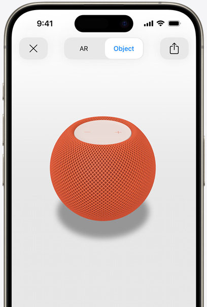 iPhone 螢幕上顯示橙色 HomePod 的 AR 畫面。