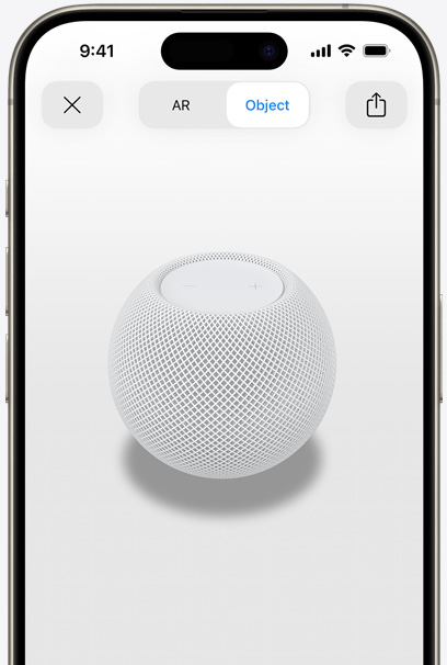 iPhone 螢幕上顯示白色 HomePod 的 AR 畫面。