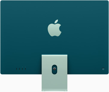 Standın üstünde ortalanmış olan Apple logosu görünen yeşil renkteki iMac’in arkası