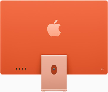 Standın üstünde ortalanmış olan Apple logosu görünen turuncu renkteki iMac’in arkası