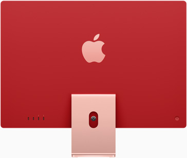 Standın üstünde ortalanmış olan Apple logosu görünen pembe renkteki iMac’in arkası