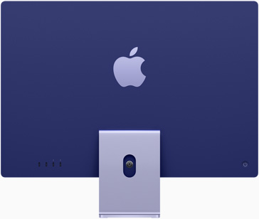 Standın üstünde ortalanmış olan Apple logosu görünen mor renkteki iMac’in arkası