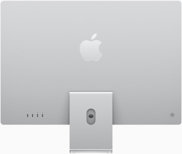 Parte de trás do iMac com o logotipo da Apple centralizado acima da base, na cor prateada.