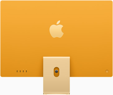 Standın üstünde ortalanmış olan Apple logosu görünen sarı renkteki iMac’in arkası