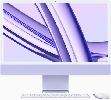 iMac vist med skærmsiden fremad, i lilla