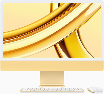 iMac vist med skærmsiden fremad, i gul