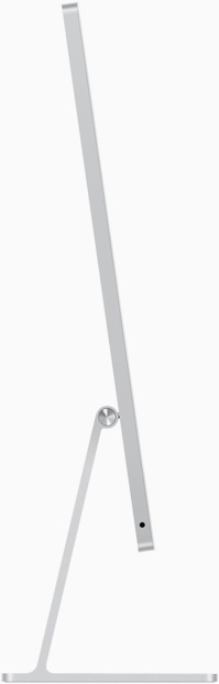 Srebrny iMac ustawiony bokiem z ekranem skierowanym w prawą stronę