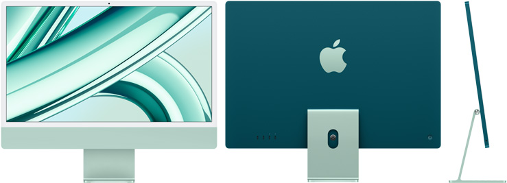 iMac i grønn sett forfra, bakfra og fra siden